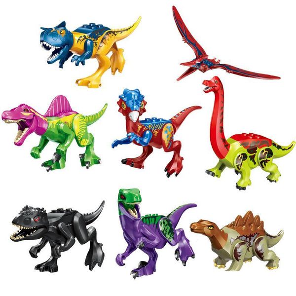 2021 Nuovo arrivo 8 pezzi / lotto Jurassic Dinosaur World T-Rex Raptor Triceratops Mini Action Figure Big Size Building Blocks Giocattolo per bambini