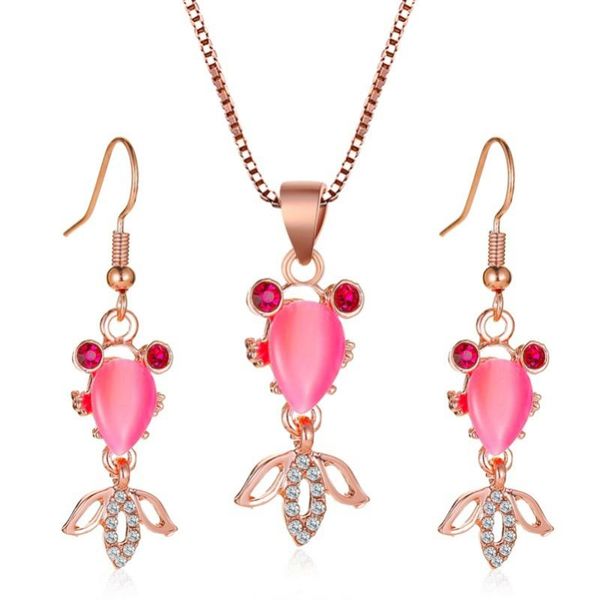 

earrings & necklace cute little goldfish pink opal bling clear crystal alloy fashion rose gold hook dangle earring jewelry sets for women, Silver