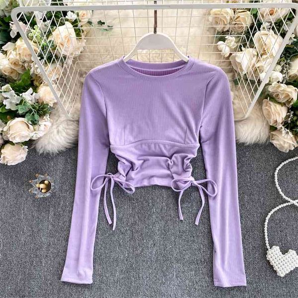 

long-sleeved t-shirt women's autumn scheming drawstring folds slim short bottoming shirt uk138 210507, White