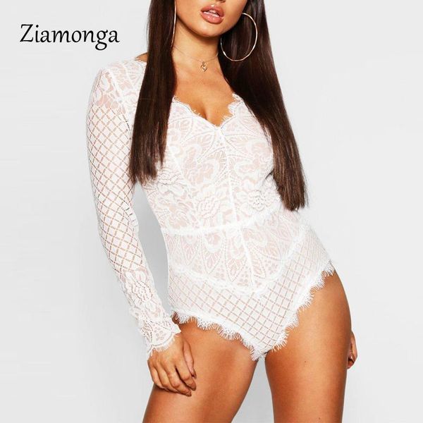 

ziamonga femme rompers autumn body long sleeve skinny floral lace party women black red white bodysuits women's jumpsuits &, Black;white