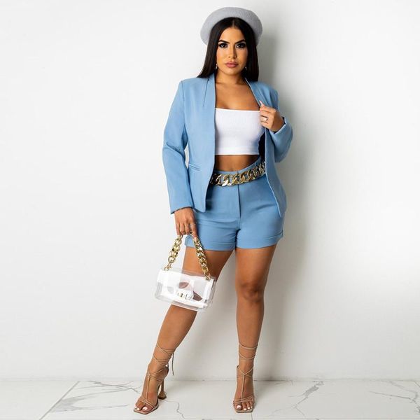 

women's tracksuits office lady workwear two piece short sets women fashion long sleeve notched neck blazer and high waist slim shorts c, Gray