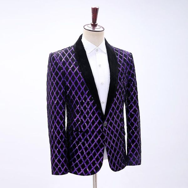 Мужские костюмы Blazers роскошные мужские блестки Check Check Pattern Purble Beabing Black Tuxedo Wild / Stage Performance / Stuido / Club / Мероприятие JACKE