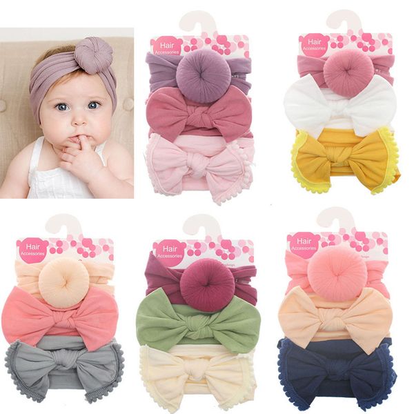

3 pcs solid color soft nylon elastic baby headband bows knotted newborn hair accessories girls haarband, Slivery;white