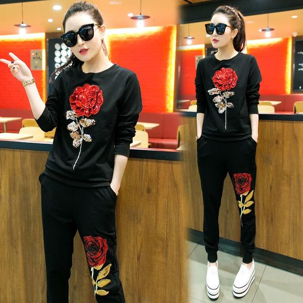 

women's tracksuits 2021 spring women suit 3d rose flower sequin sets hoodie sweatshirt casual + long pants tracksuit, Gray