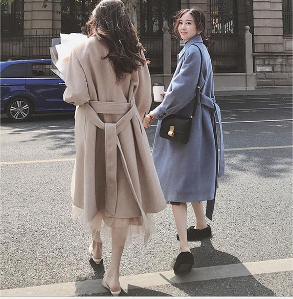 

loose single-breasted long-sleeved lapels imitation water velvet woolen coat women's long section slim waistband jacket wool & blends, Black