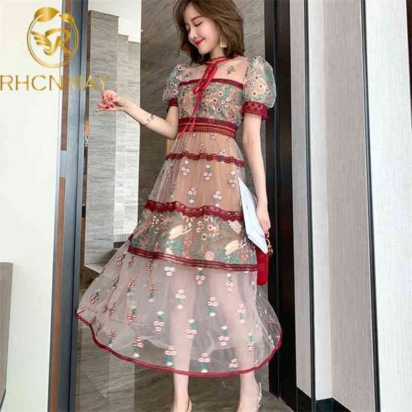 

runway flower embroidery dress women short sleeve o-neck bow vintage mesh female patchwork lace floral mid calf 210520, Black;gray