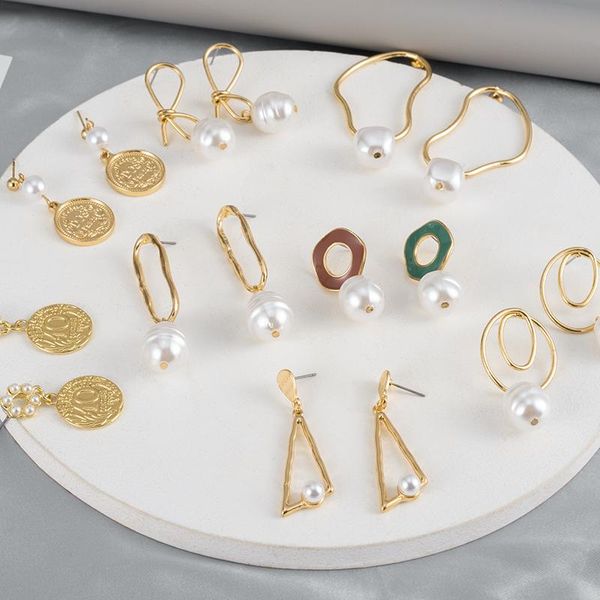 

hoop & huggie women's earrings round design for women statement geometric coin pearl pendants 2021 dangle jewelry, Golden;silver