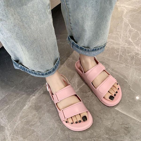 

summer women sandals buckle flat for girls round toe casual beach shoes comfort lady footwear candy color jelly, Black