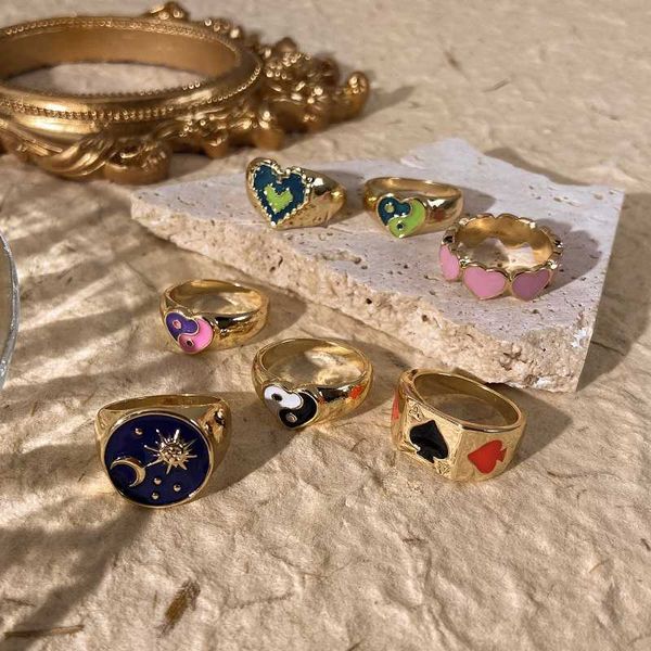 Nova moda simples metal gotejamento colorido amor coração yin yang estrelado céu anéis vintage casal anéis para mulheres moda jóias x0715