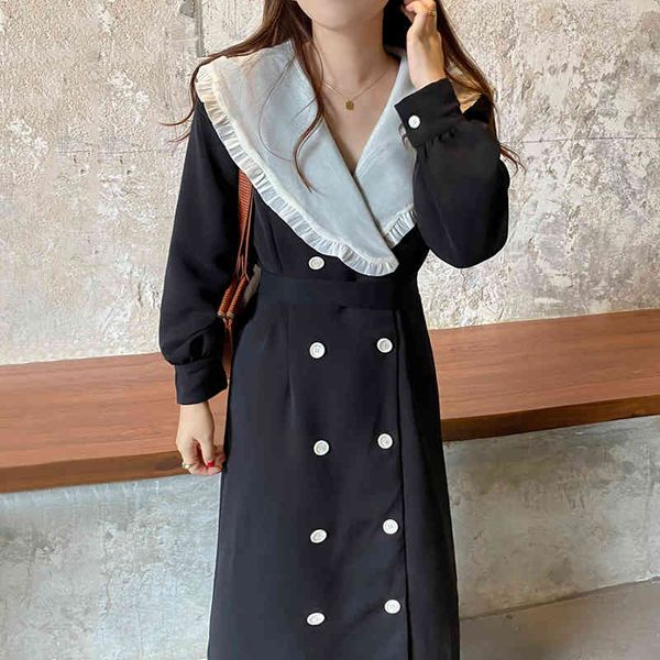 

casual dresses onalippa dress autumn korea retro western style contrast color lapel stitching lace-up double-breasted puff sleeve vestidos i, Black;gray