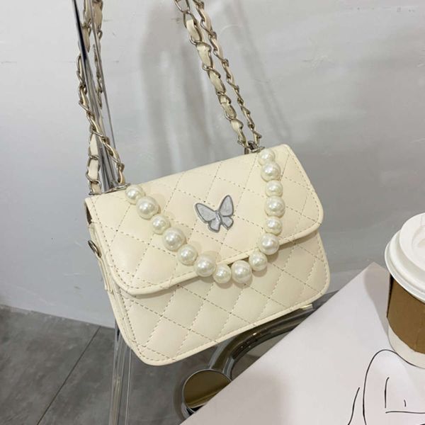 

simple fashion women small square shoulder bag plaid pu leather ladi pearl chain crossbody portable female purs handbags