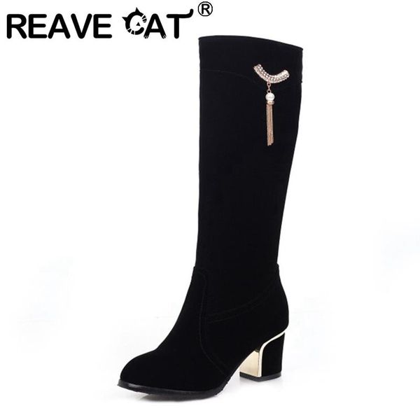 

boots reave cat 2021 ladies knee high zip flock charm pearl tassel short plush 6cm block heel shoes size 32-43 black red a4472