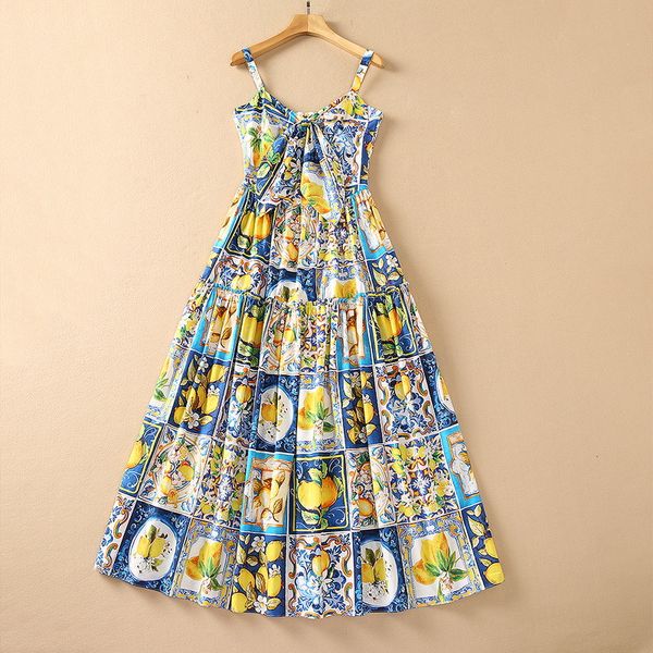 

european and american women's wear for summer 2021 condole belt lemon print bow fashion pleated dress, Black;gray