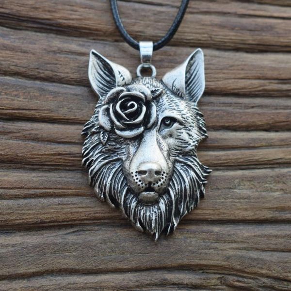 

sanlan 1pcs beautiful wild wolf with rose mens pendant necklace christmas gift chains, Silver