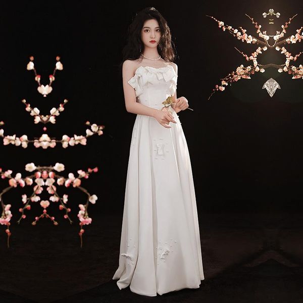

ethnic clothing strapless qipao backless formal party dress gown bowknots pearl cheongsam pleated solid bridal wedding elegant vestidos, Red