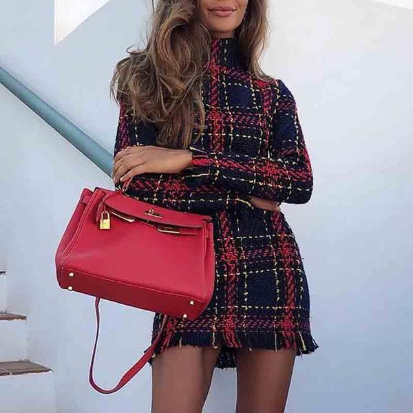 

casual dresses autumn 2021 women's elegant long sleeve vintage sheath colorful plaid dress tassels print bodycon mini, Black;gray