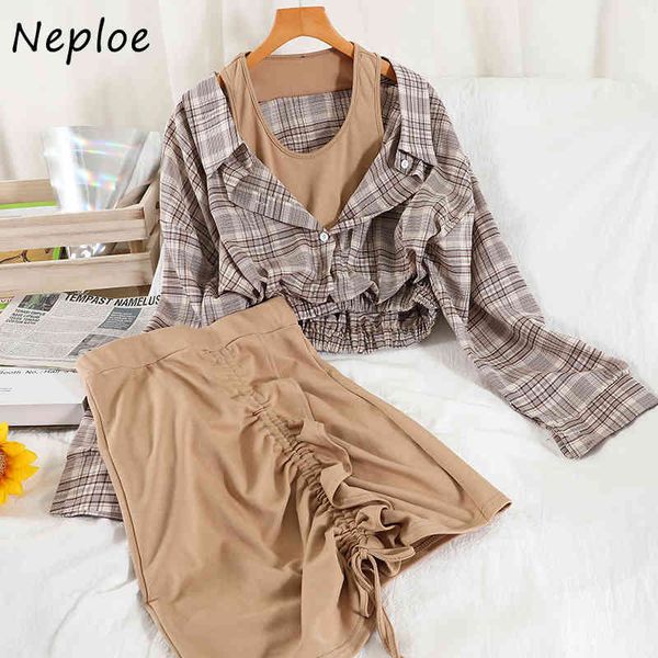 

neploe vintage plaid 2 pcs women set turn down collar long sleeve plaid shirt + high waist hip a line drawstring skirt suit 210423, White