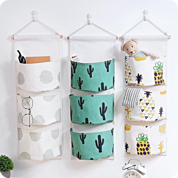 

storage bags creative three pocket bag bedroom wall groceries cosmetics key organizer polyester cotton material waterproof