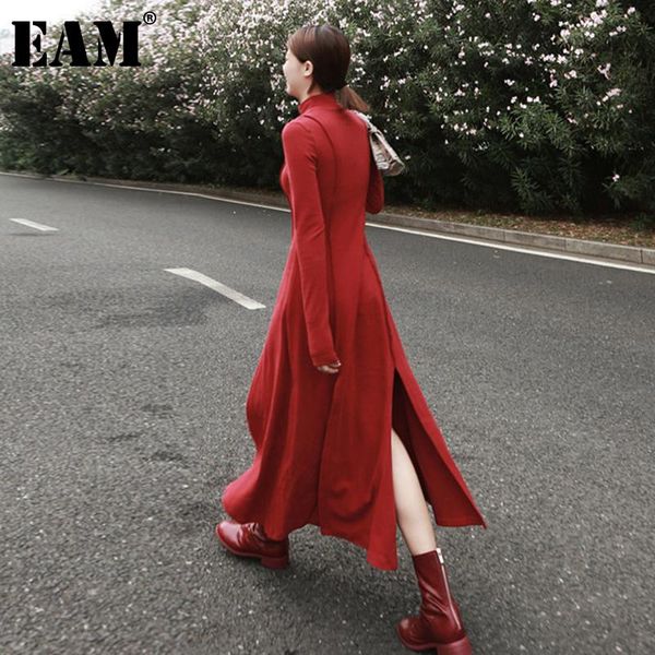 

[eam] women red irregular vent long temperament dress turtleneck sleeve loose fit fashion spring autumn 2021 1dd5171 casual dresses, Black;gray
