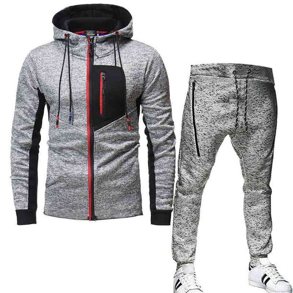 

2021 new autumn and winter men's casual sports hooded snowflake contrast sweater trousers suit, Gray