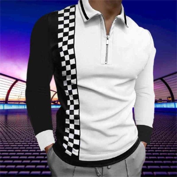 

men's long sved polo casual shirt, back neck and zipper, tight, brand clothing, autumn, 2021, White;black