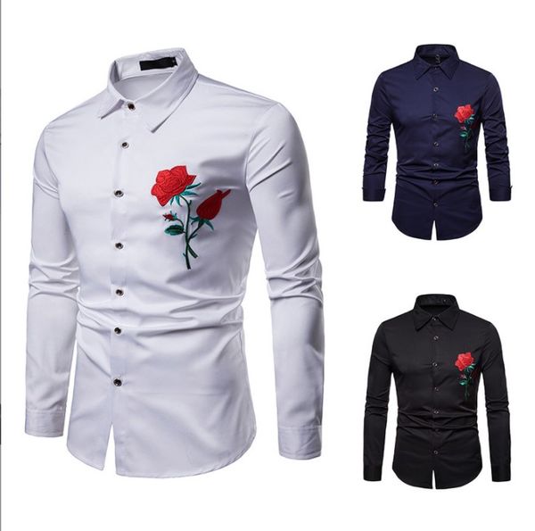 

men's casual shirts foreign trade men's shirt ethnic style rose embroidered lapel large size long-sleeved shirt mens tee s-2xl, White;black