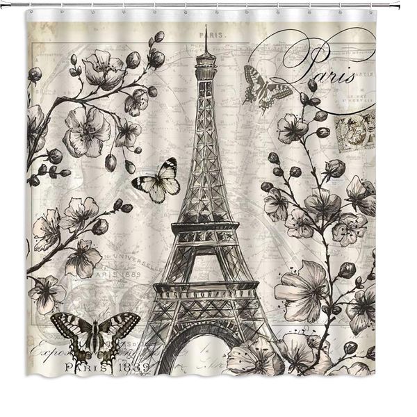 

eiffel tower shower curtain vintage paris landmark romantic floral butterfly city map background,70x70 inch polyester fabric