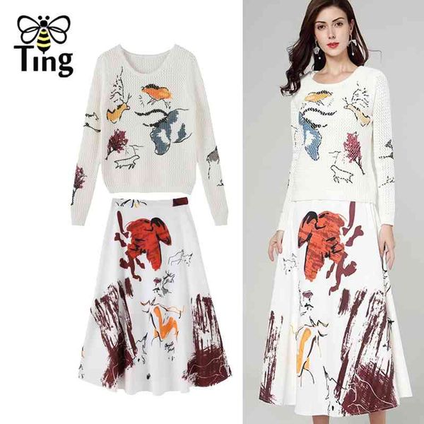 

winter autumn casual hollow out knitted sweater & a line midi skirts women fashion 2 pcs set dress sets 210513, White