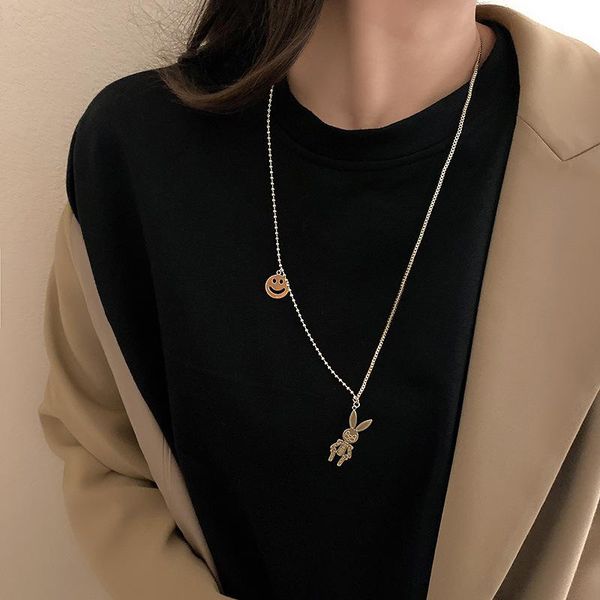 

korean metallic bonnie smile necklaces for women titanium steel gold color beaded link chain pendant, Silver