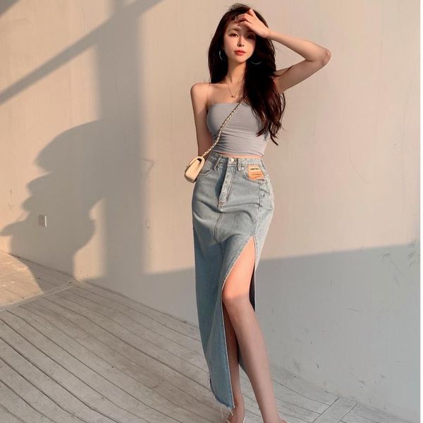 

skirts denim skirt women's mid-length 2021 summer style over-the-knee slim-fit split high-waisted, Black