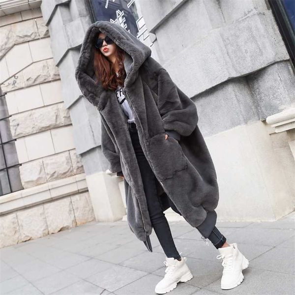 

winter faux fur cotton coat fashion hooded cotton coat long plush fleece temperament loose jacket women winter trend 211019, Black