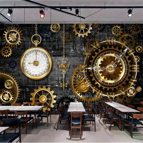 

milofi custom large wallpaper mural 3d stereo european and american industrial wind golden gear clock background wall wallpapers