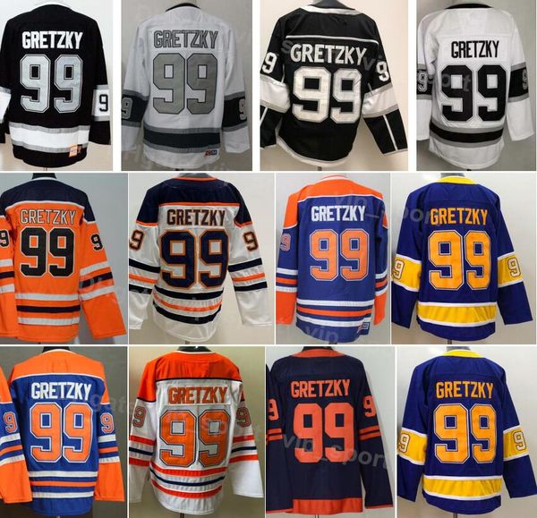 

men retro 99 wayne gretzky hockey jerseys vintage classic black white navy blue orange purple embroidery and stitched breathable pure cotton, Black;red