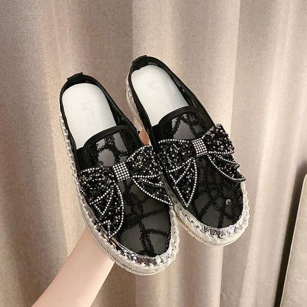 

slippers 2021 summer rhinestone paillette mesh platform ladies fashion bowknot casual shoes women slip on half, Black