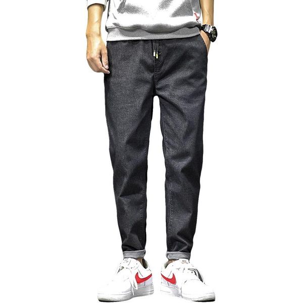 

jeans men solid plus size 3xl loose trendy leisure korean style elastic waist mens trousers ankle-length streetwear all-match men's pan, Black
