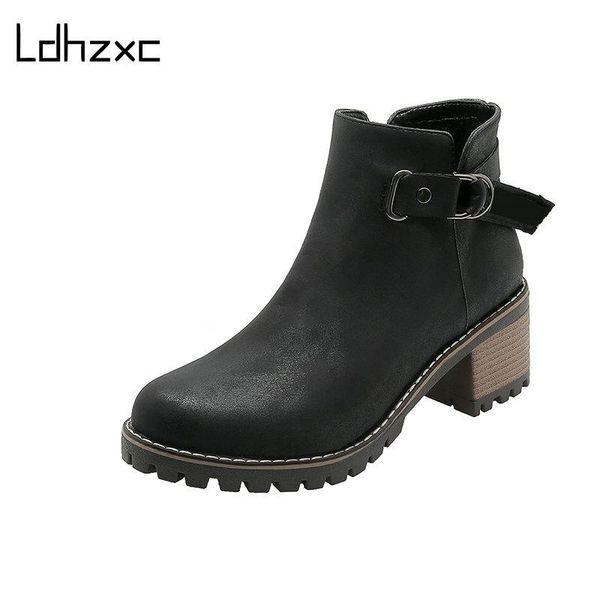 

boots ldhzxc ankle women solid black punk style female short buckle zipper ladies shoes plus size 34-43