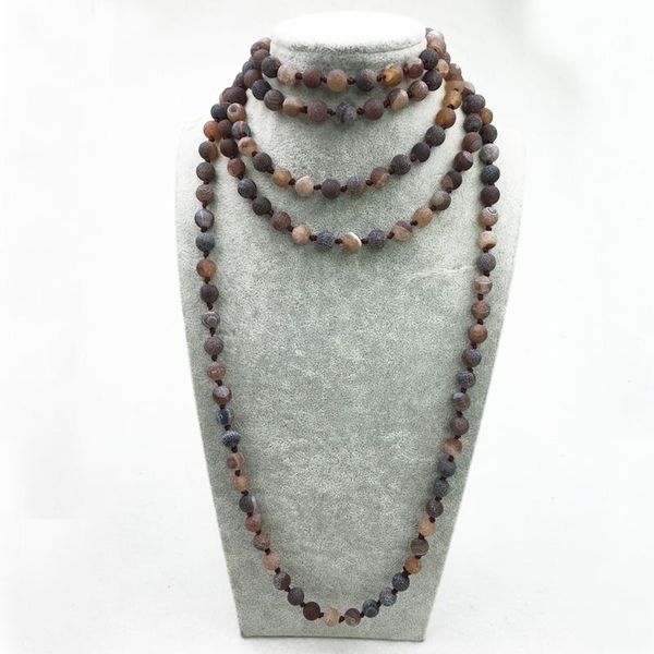 

long stone necklace 72 inch length knotted coffee frosted cracked chains, Silver