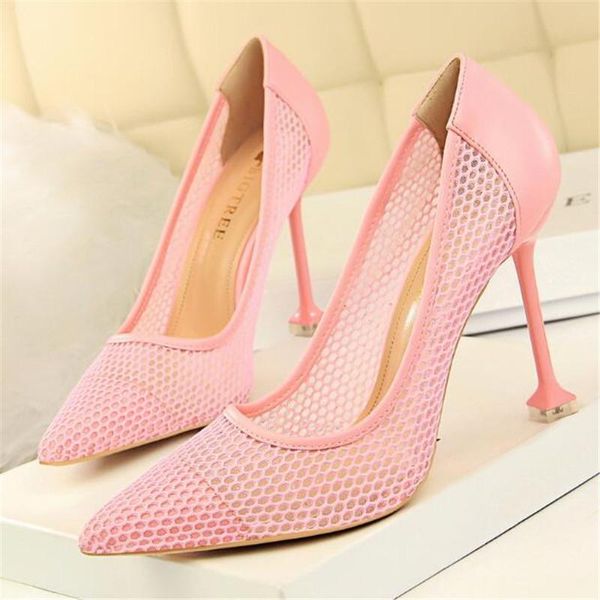 

dress shoes 2021 summer mesh pumps female pointed toe 9.5cm thin high heel fashion women breathable hollow out stilettos, Black
