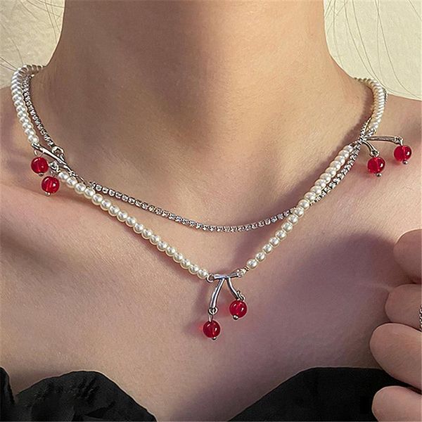 

pendant necklaces vintage crystal cherry for women girls imitation pearl clavicle chain necklace fashion jewelry choker, Silver