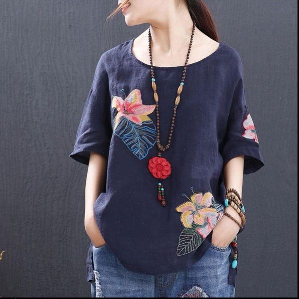 

short sleeve plus size cotton women shirt vintage floral embroidery loose casual white