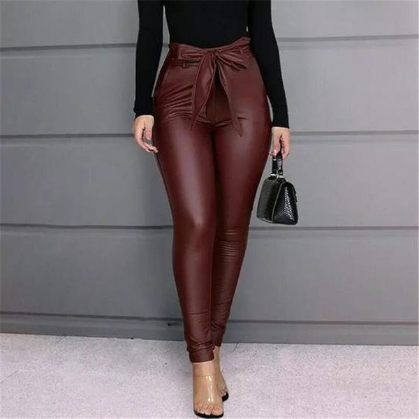 

leggings pu leather high waisted womens capri stretchy bowknot skinny pencil trousers bow black wine red, Black;white