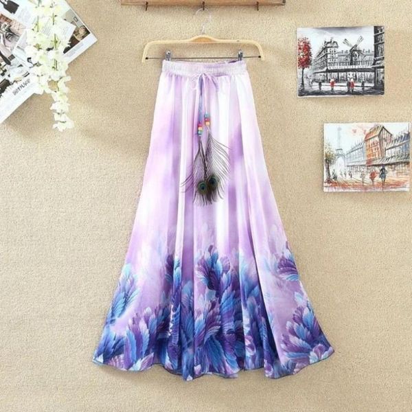 

skirts fashion summer beach boho womens chiffon flower print feather drawstring elastic waist party maxi long skirt for women, Black