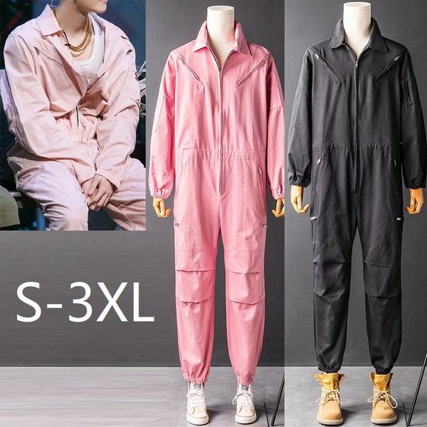 

men's pants men's jumpsuit lapel long sleeve multi-pocket ankle length beam feet overalls fashion black pink freight trousers cargo