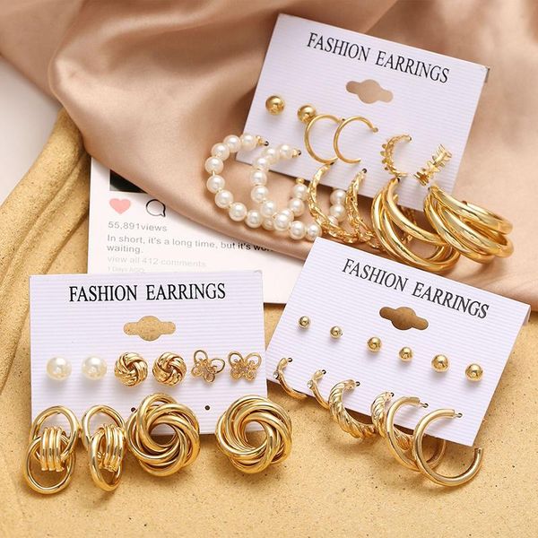 

hoop & huggie 6pair/set fashion gold color circle chain earrings for women vintage simulation pearl butterfly earing bijoux femme jewelry, Golden;silver