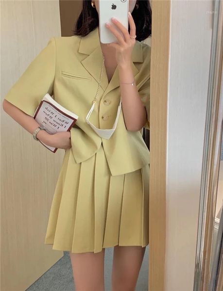 

two piece dress summer elegant women pleated skirt suits solid double breasted blazer high waist a-line mini skirts female outfit 2 pieces s, White