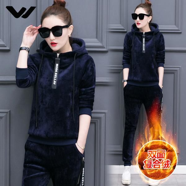 

women's two piece pants arrival 2 set women autumn winter fashion tracksuit plus velvet thicken warm hoodie and trousers suit, White