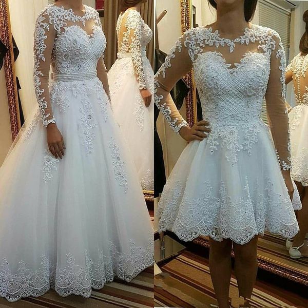 

detachable skirt 2 in 1 arabic lace pearls wedding dresses bridal gowns a line country robe de mariage crew neck illusion long sleeves bride, White