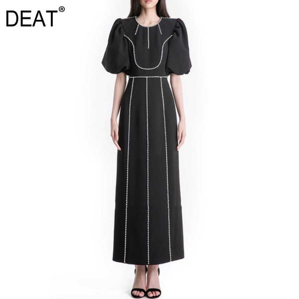 

[deat] women black half sleeve beading ankle-length high waist round neck quality dress summer fashion 13d111 210527, Black;gray