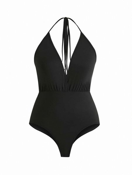 

plus 1pc backless halter neck bodysuit l3ur#, Black