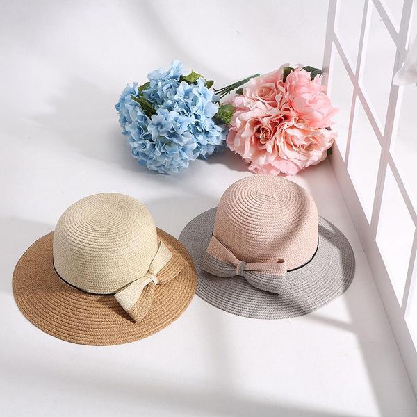 

bow knot summer hats for women fashion design hit color beach sun hat foldable brimmed straw wide brim, Blue;gray